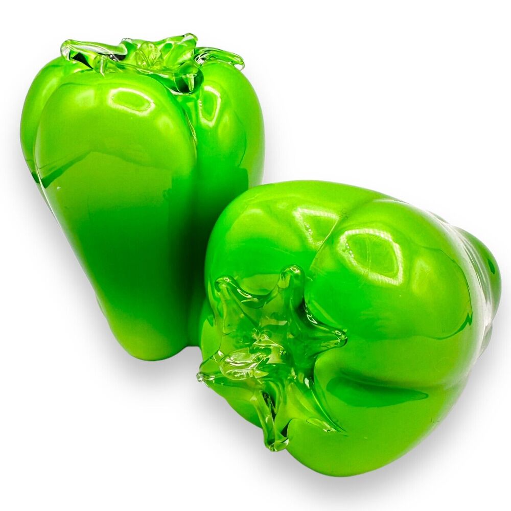 X2 Vintage Hand Blown Art Glass Green Pepper Kitchen Decor Vegetable Kitsch